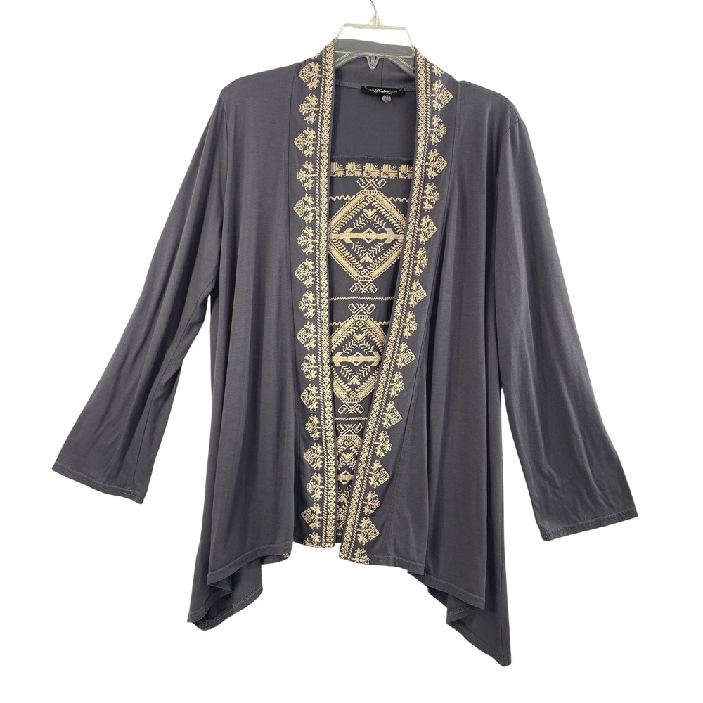 Andree Duster Jacket Women S Boho Gray Tan Embroidered Assymetrical Open Front